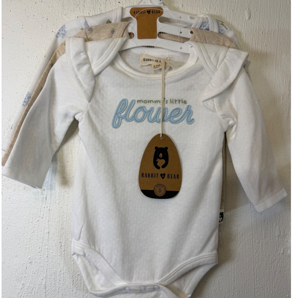 NWT Rabbit  Bear Baby Girls 3PK Organic Cotton Long Sleeve Bodysuits 3-6M Floral